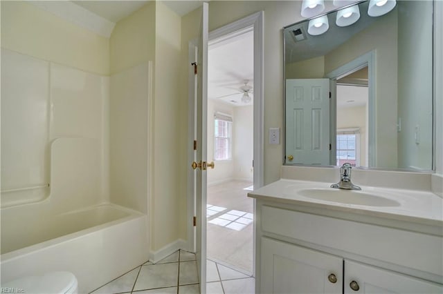 bathroom with vanity, visible vents, shower / bathing tub combination, tile patterned floors, and toilet