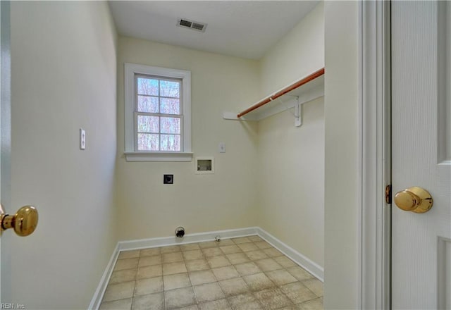 washroom featuring visible vents, baseboards, laundry area, hookup for a washing machine, and electric dryer hookup