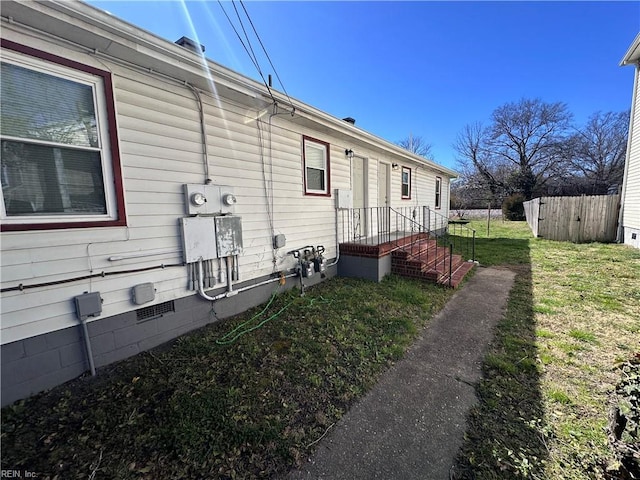 view of property exterior featuring crawl space and fence