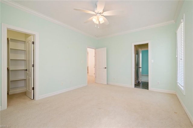 unfurnished bedroom featuring a spacious closet, carpet, baseboards, and ornamental molding