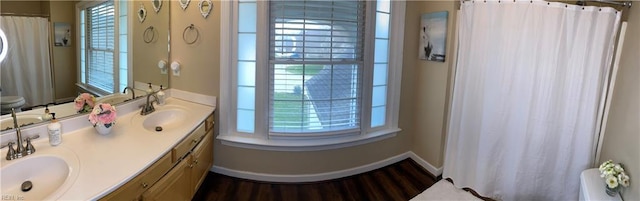 full bathroom with a sink, baseboards, a shower with shower curtain, and double vanity