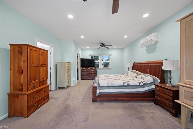 bedroom with baseboards, light colored carpet, a wall mounted air conditioner, recessed lighting, and a ceiling fan