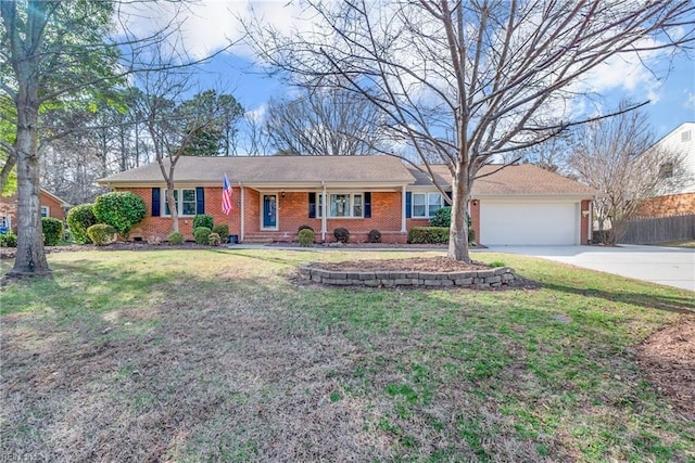 single story home featuring brick siding, concrete driveway, and a front lawn