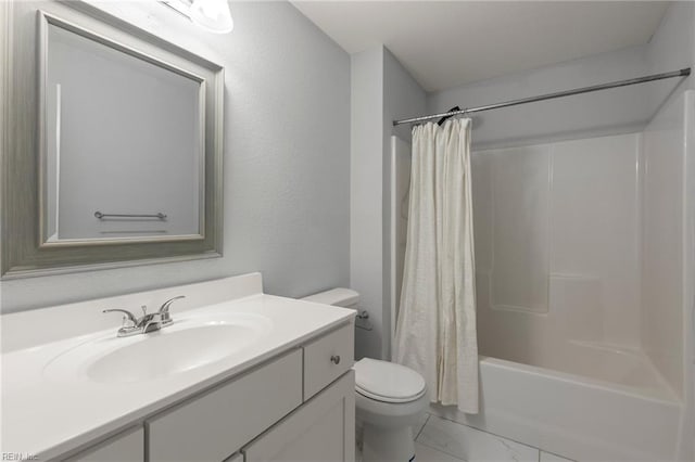 full bath featuring shower / bath combination with curtain, marble finish floor, toilet, and vanity