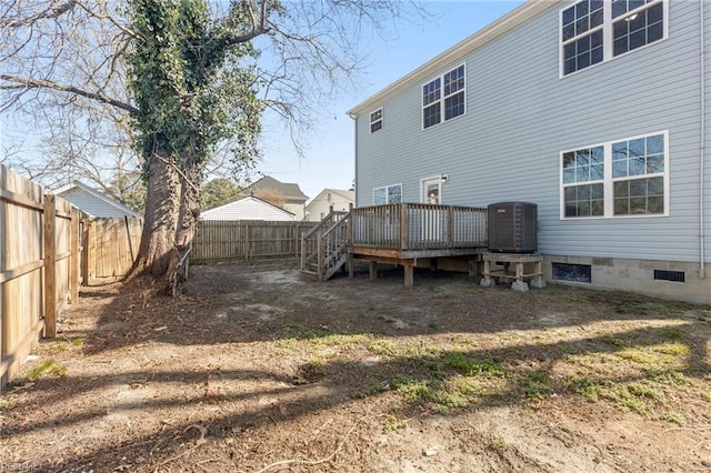 back of property featuring crawl space, cooling unit, a wooden deck, and a fenced backyard