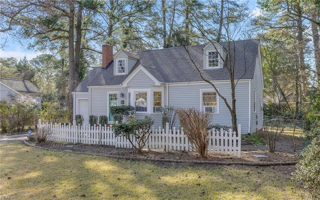 cape cod-style house featuring a fenced front yard, a chimney, and a front lawn