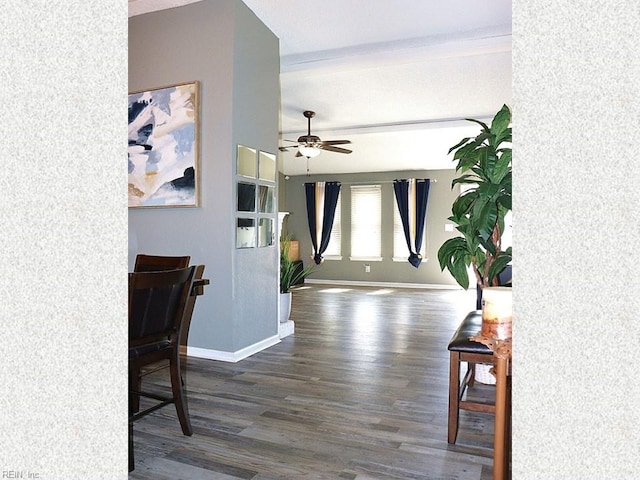 hall featuring dark wood-type flooring and baseboards