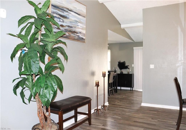 hall with lofted ceiling, baseboards, and wood finished floors