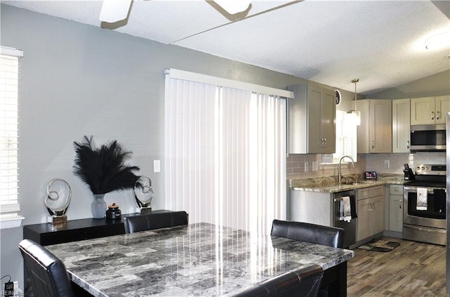 kitchen with tasteful backsplash, dark wood-type flooring, vaulted ceiling, appliances with stainless steel finishes, and a sink