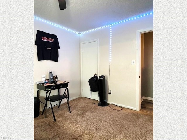 interior space with baseboards, carpet floors, and a textured ceiling