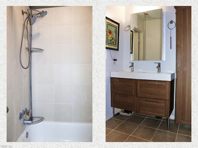 full bathroom with double vanity, shower / tub combination, a sink, and tile patterned flooring