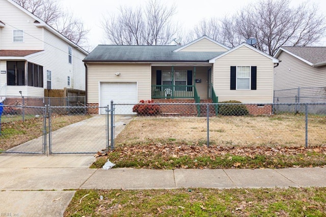 view of front of house with a gate, a fenced front yard, a porch, concrete driveway, and an attached garage