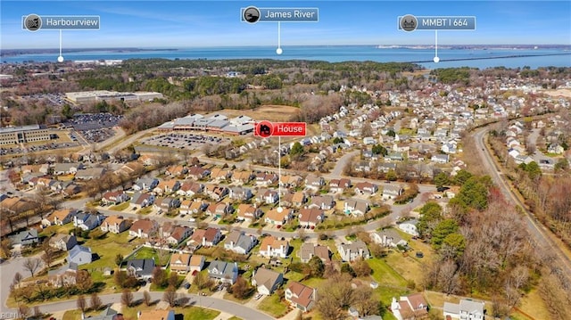 aerial view featuring a water view and a residential view