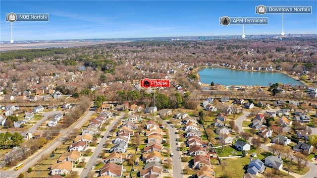 aerial view featuring a residential view and a water view