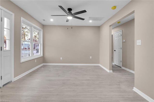 spare room with visible vents, baseboards, ceiling fan, recessed lighting, and light wood-style flooring