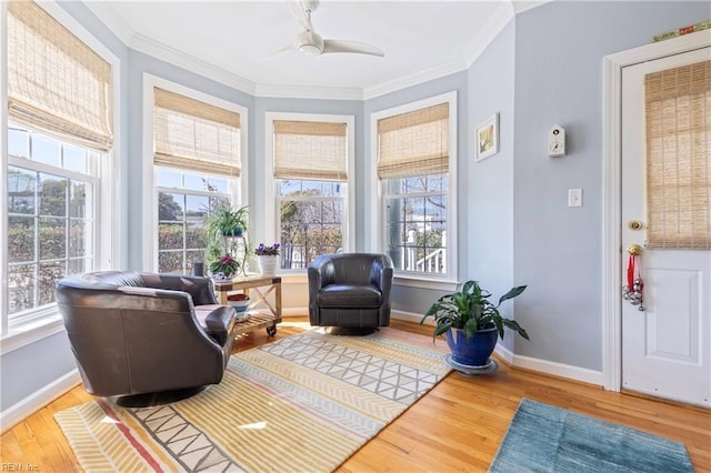 interior space featuring plenty of natural light, wood finished floors, and ornamental molding