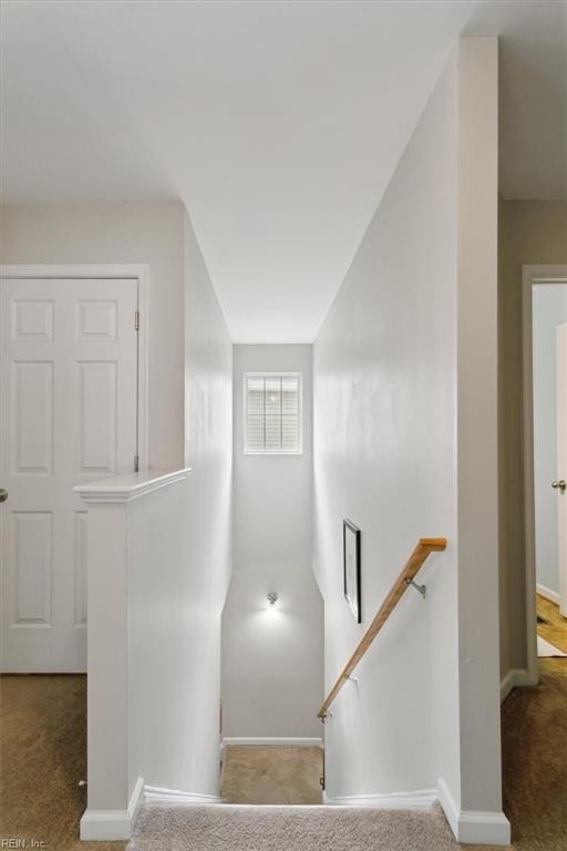 staircase with visible vents, baseboards, and carpet floors