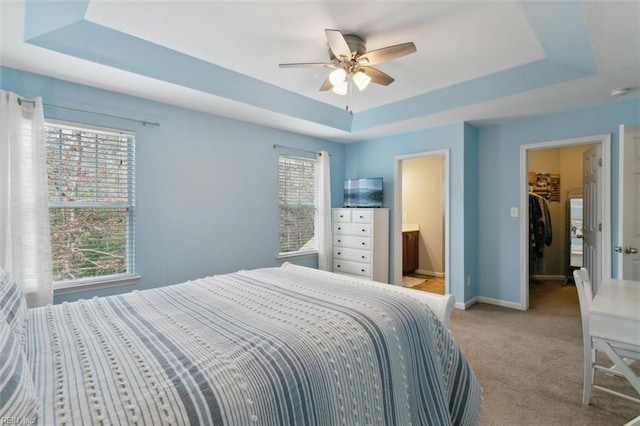 bedroom featuring a walk in closet, a raised ceiling, baseboards, and carpet flooring