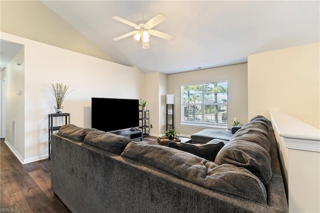 3853 Lasalle Dr Unit 110, Virginia Beach, VA 23453 - living room featuring visible vents, a ceiling fan, dark wood finished floors, baseboards, and lofted ceiling