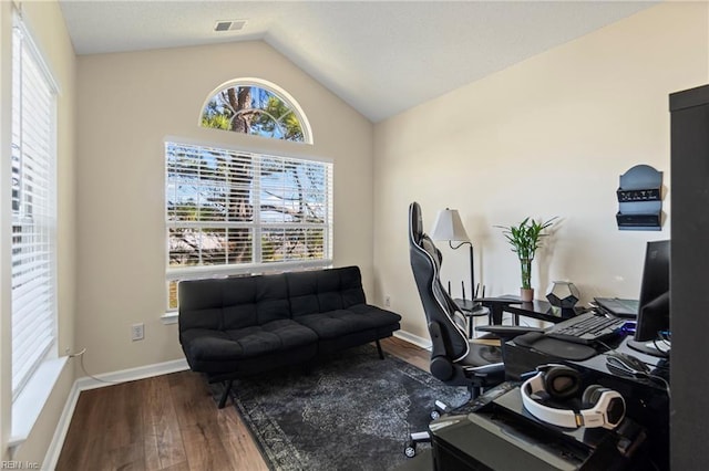 3853 Lasalle Dr Unit 110, Virginia Beach, VA 23453 - office area featuring visible vents, lofted ceiling, baseboards, and wood finished floors