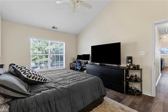 3853 Lasalle Dr Unit 110, Virginia Beach, VA 23453 - bedroom featuring visible vents, a ceiling fan, wood finished floors, baseboards, and vaulted ceiling