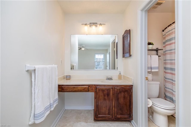 bathroom featuring vanity, toilet, visible vents, and ceiling fan