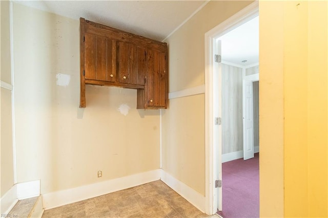 clothes washing area featuring light carpet and baseboards