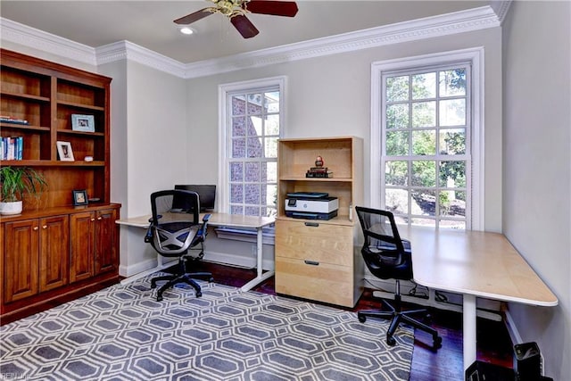 office area with wood finished floors, a wealth of natural light, and ornamental molding