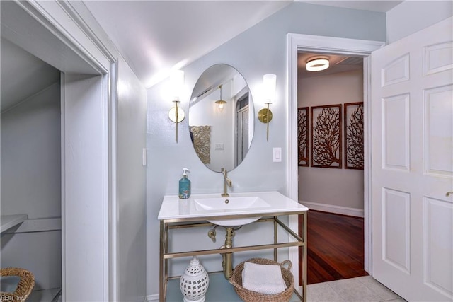 bathroom featuring wood finished floors and a sink