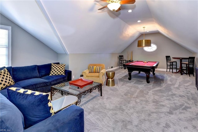 game room with baseboards, billiards, carpet flooring, and vaulted ceiling