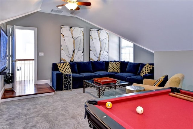 rec room featuring visible vents, billiards, carpet, ceiling fan, and vaulted ceiling