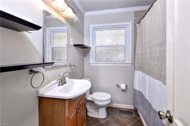 bathroom with vanity, baseboards, visible vents, ornamental molding, and toilet