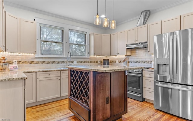 kitchen featuring a sink, crown molding, under cabinet range hood, and stainless steel appliances