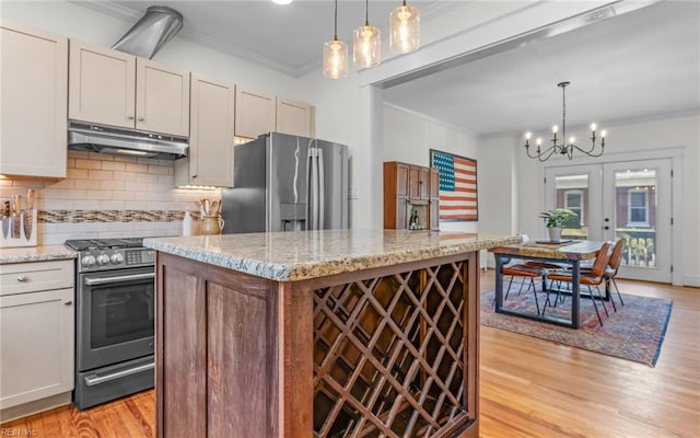 kitchen with under cabinet range hood, appliances with stainless steel finishes, crown molding, light wood finished floors, and decorative backsplash