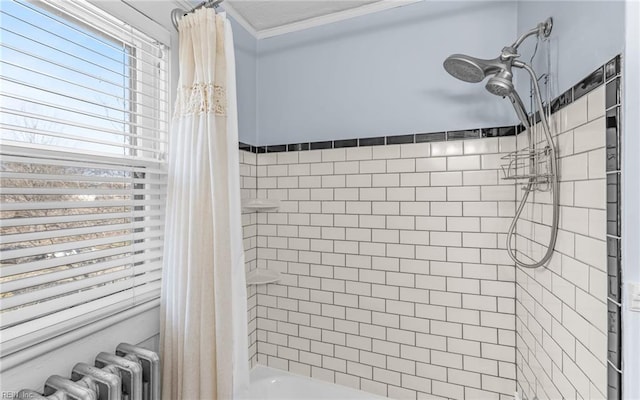 full bath with shower / bathtub combination with curtain, radiator, and ornamental molding