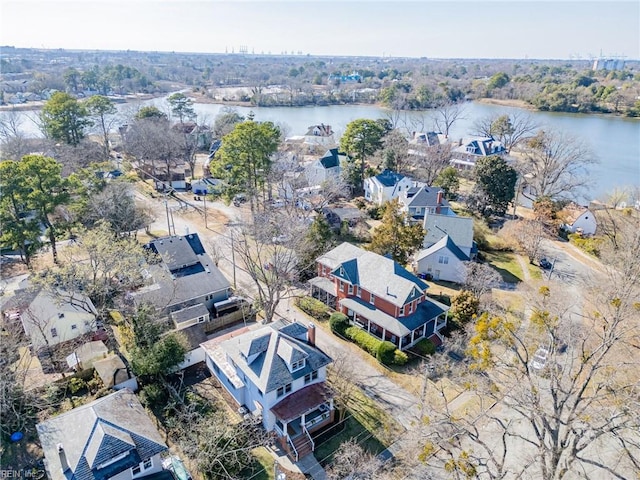 aerial view with a water view and a residential view