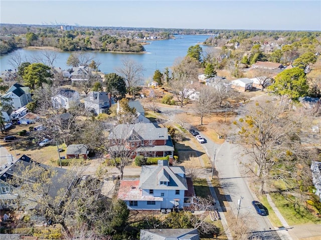 aerial view featuring a residential view and a water view