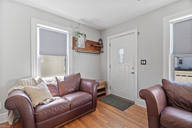 living area featuring a wealth of natural light and light wood finished floors