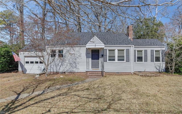 ranch-style house with a front yard, a garage, roof with shingles, and a chimney