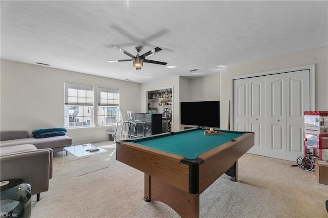 rec room with carpet, ceiling fan, and pool table