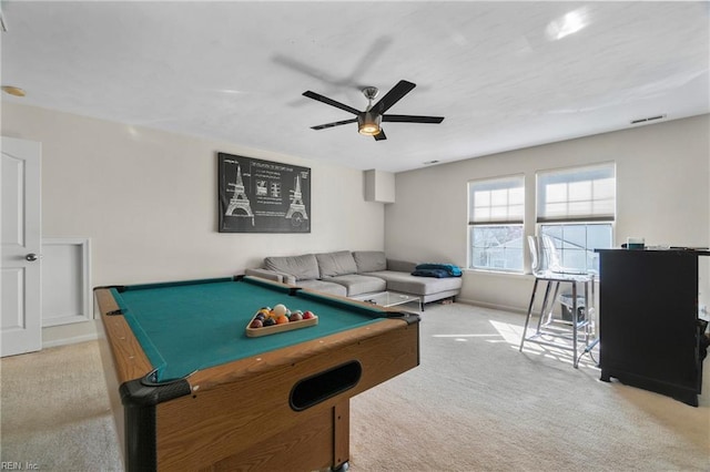 rec room featuring visible vents, carpet floors, pool table, baseboards, and ceiling fan