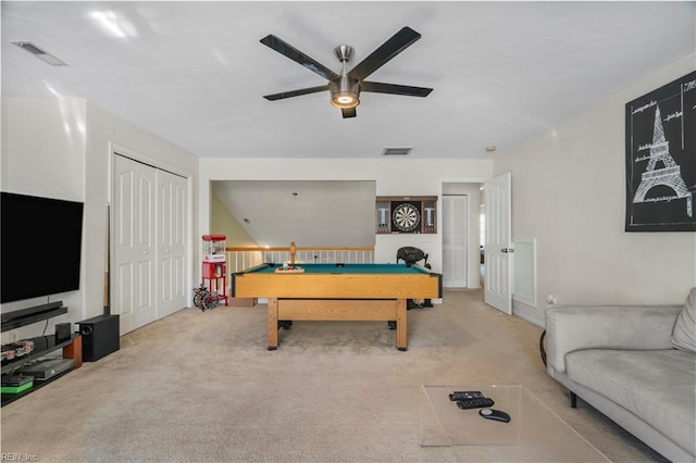 game room featuring billiards, visible vents, carpet floors, and ceiling fan