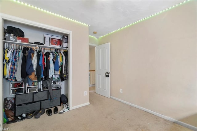 interior space featuring baseboards, carpet floors, and a closet