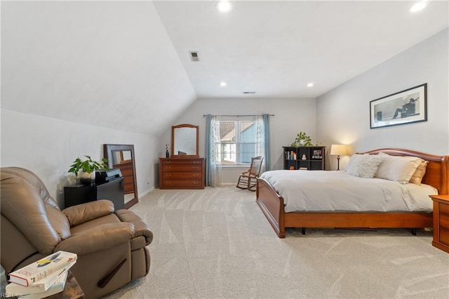 bedroom featuring visible vents, baseboards, light colored carpet, vaulted ceiling, and recessed lighting