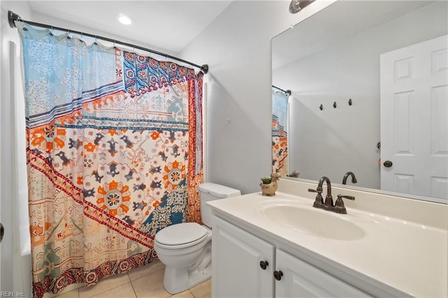 full bath with tile patterned flooring, toilet, vanity, and a shower with curtain