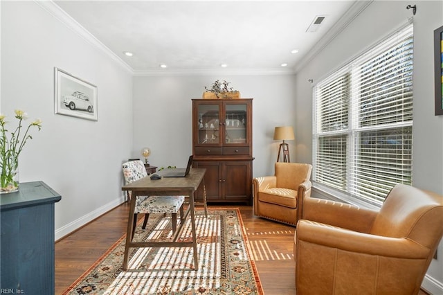 office area with crown molding, recessed lighting, wood finished floors, and baseboards