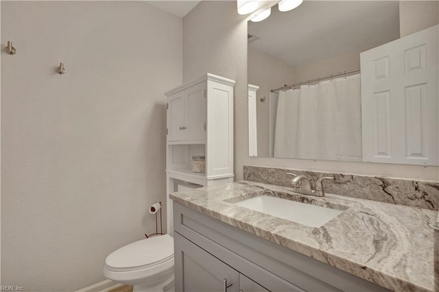 bathroom featuring toilet, vanity, and a shower with curtain