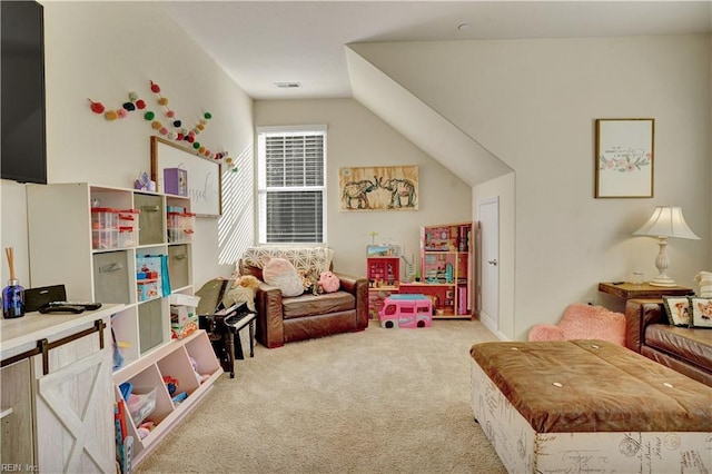 recreation room featuring visible vents and carpet floors