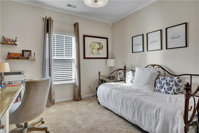 bedroom with visible vents, baseboards, ornamental molding, and carpet flooring