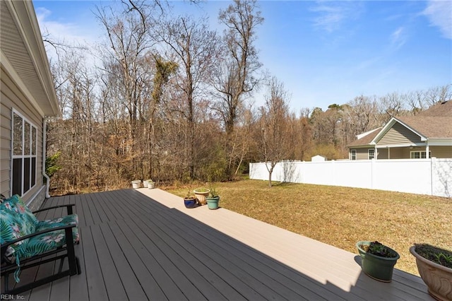 wooden deck with a yard and fence